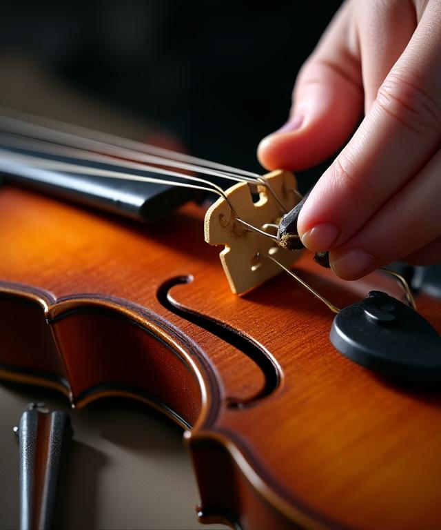 Primo piano delle mani di un liutaio che lavora sul ponte di un violino.