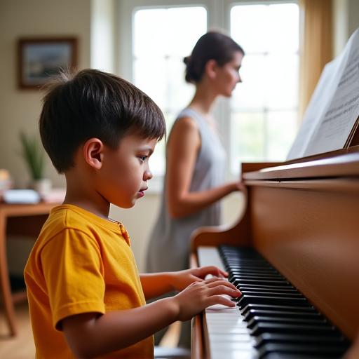 Bambino che impara a suonare il pianoforte durante una lezione.