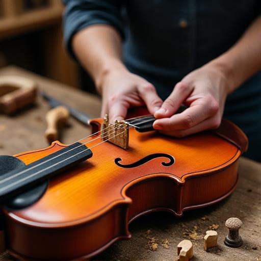 Un liutaio al lavoro su un violino nel suo laboratorio.